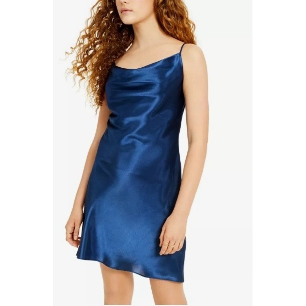 Bebe Midnight Blue Y2K Satin Cowl Neck Slip Mini Dress, Adjustable Straps Sz S